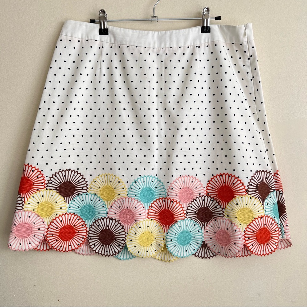 Boden White Polka Dot Skirt with Multicolor Floral Hem